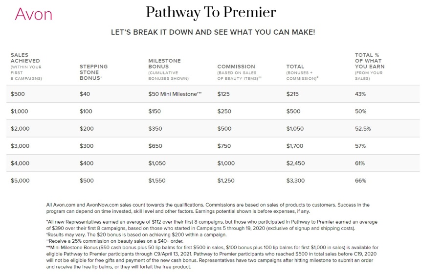 Avon Pathway to Premier Earnings Chart