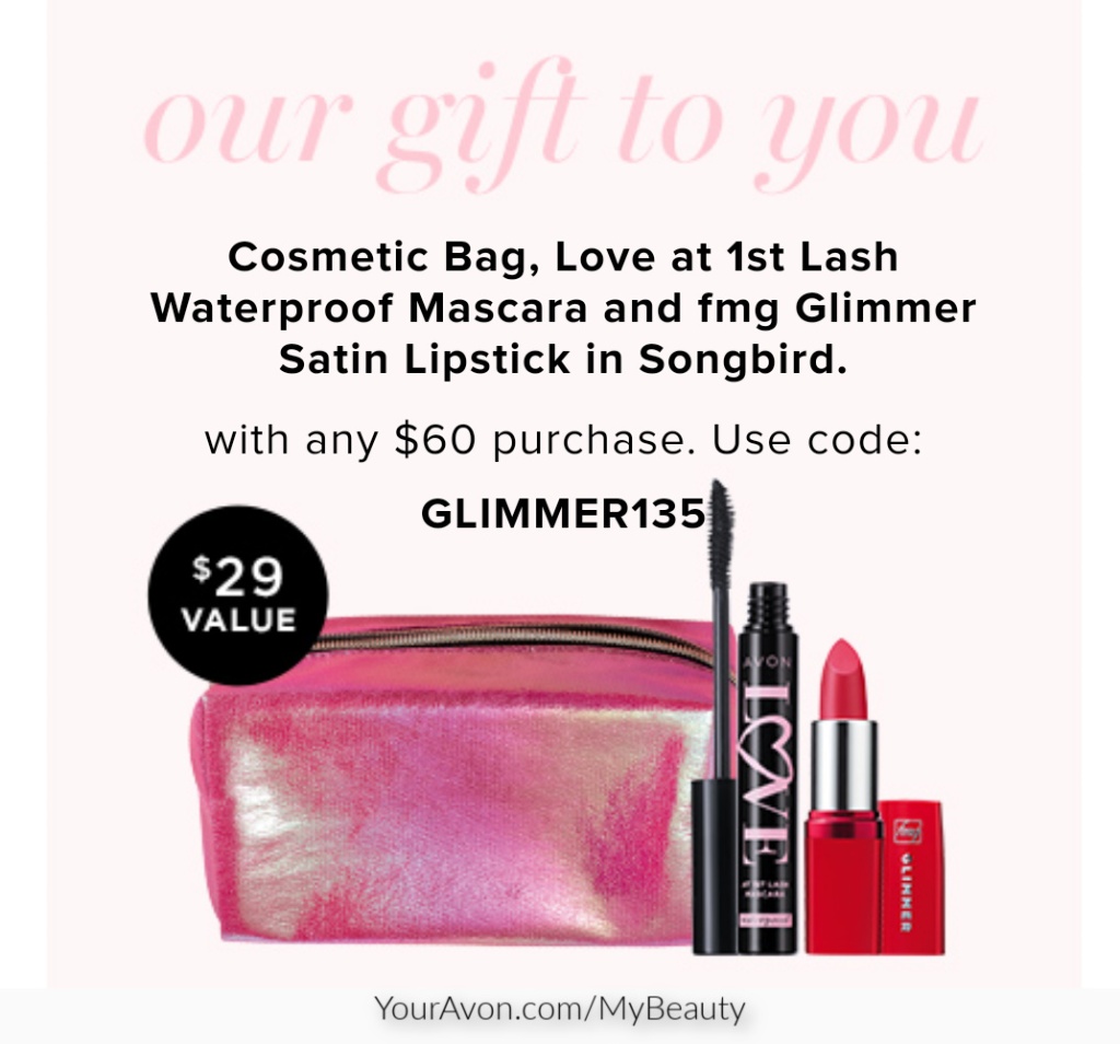 Free gift offer from Avon.  Gift Set - Cosmetic Bag, Mascara, and Lipstick