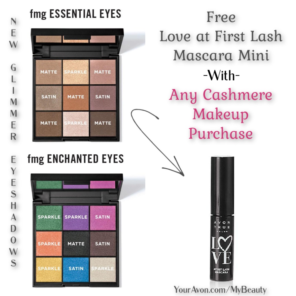 New Glimmer Eyeshadow Palettes from Avon.  Free mini mascara with purchase.