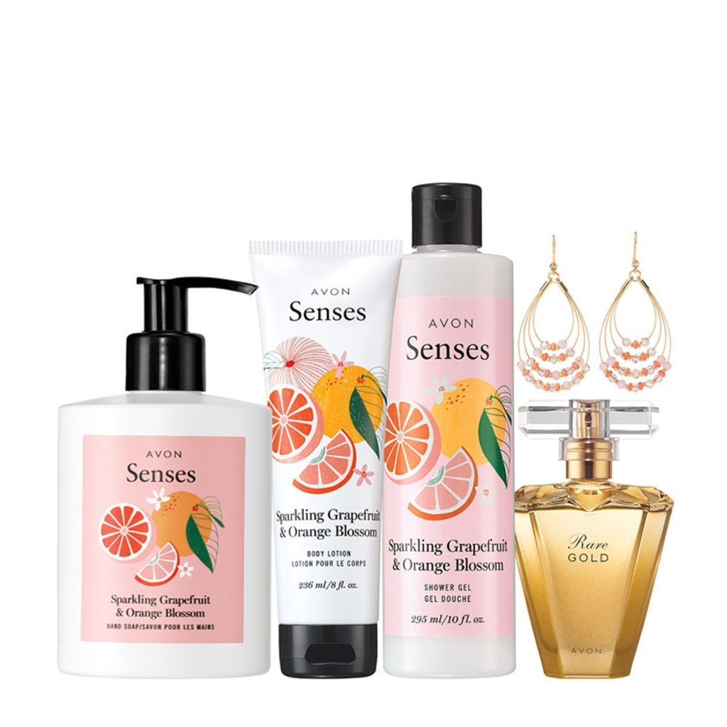 Fabulous Beauty Bundle from Avon featuring Bath and Body Sparkling Grapefruit Products, Rare Gold Perfume, and Dangle Earrings for $24.99. https://www.avon.com/features/limited-time-bundles?rep=mybeauty